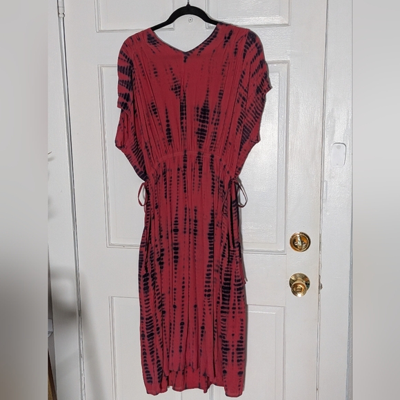 Pure Jill Red Black Tie-Dye Maxi Dress| V-Neck | Drawstring Waist - Picture 5 of 5